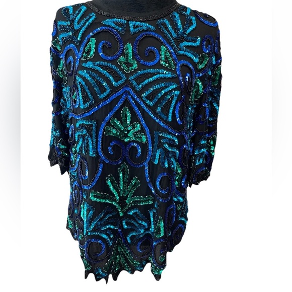 Laurence Kazar ladies size 1X black blue green evening glam top 100% silk sequin - Picture 2 of 10